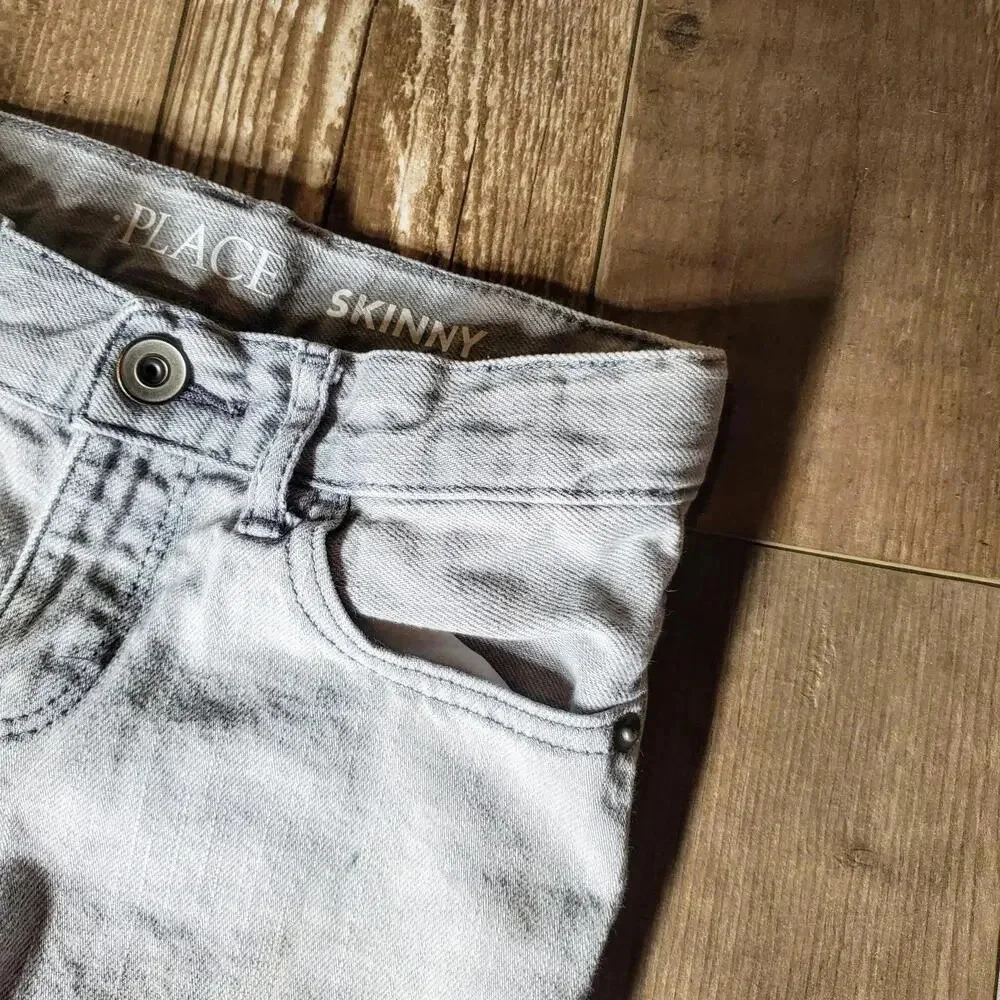 The Children's Place Size 7 Grey Wash Boy's Adjustable Waist Cotton Skinny Jeans